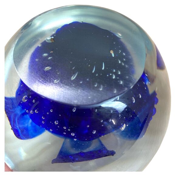 Murano Style Glass Paperweight: Blue Flower Bubble Globe, 3" Desk Decor - Picture 6 of 9